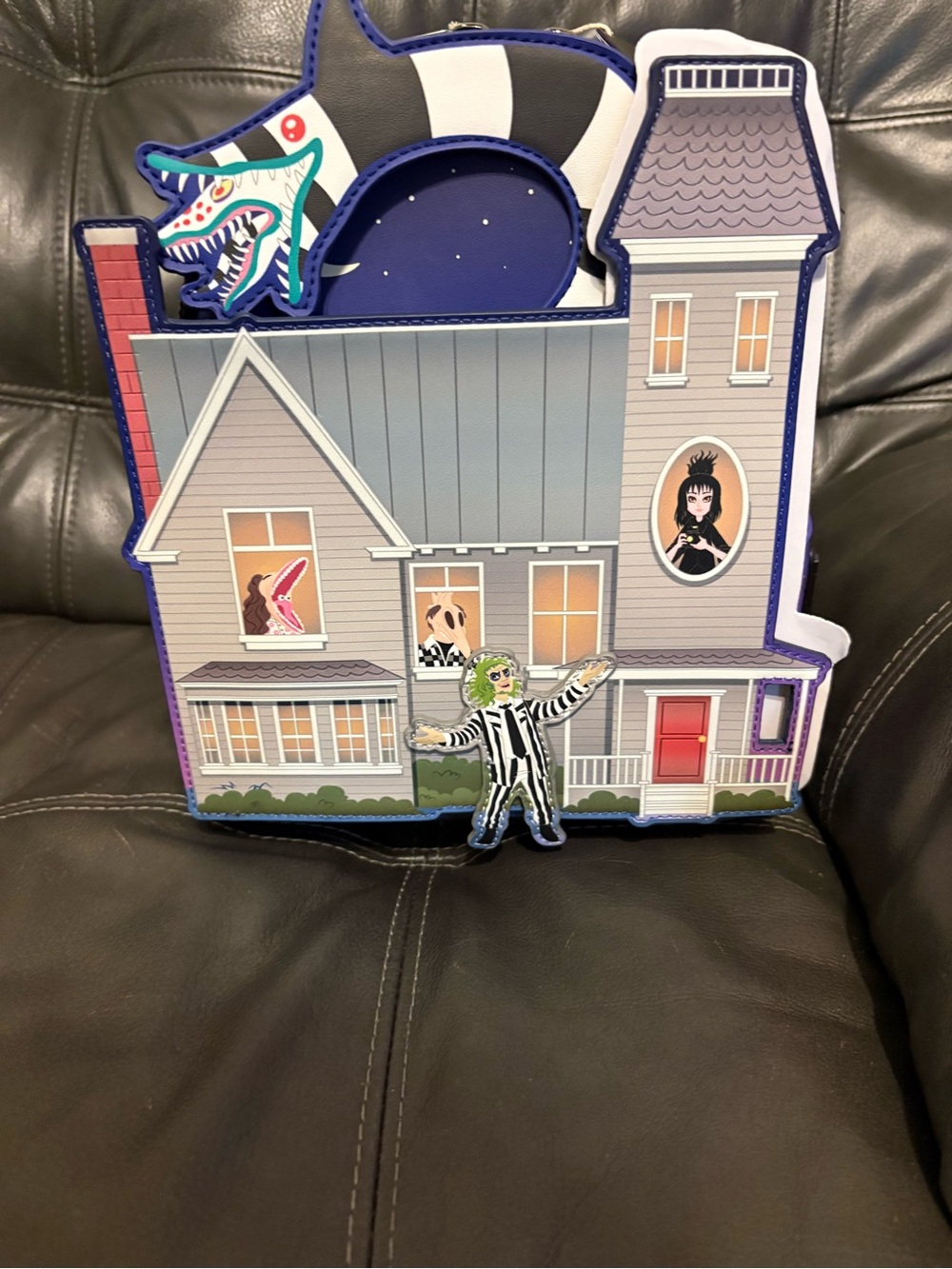 Loungefly Beetlejuice House-Shaped Backpack in Black, White, Purple, Gray, Red
